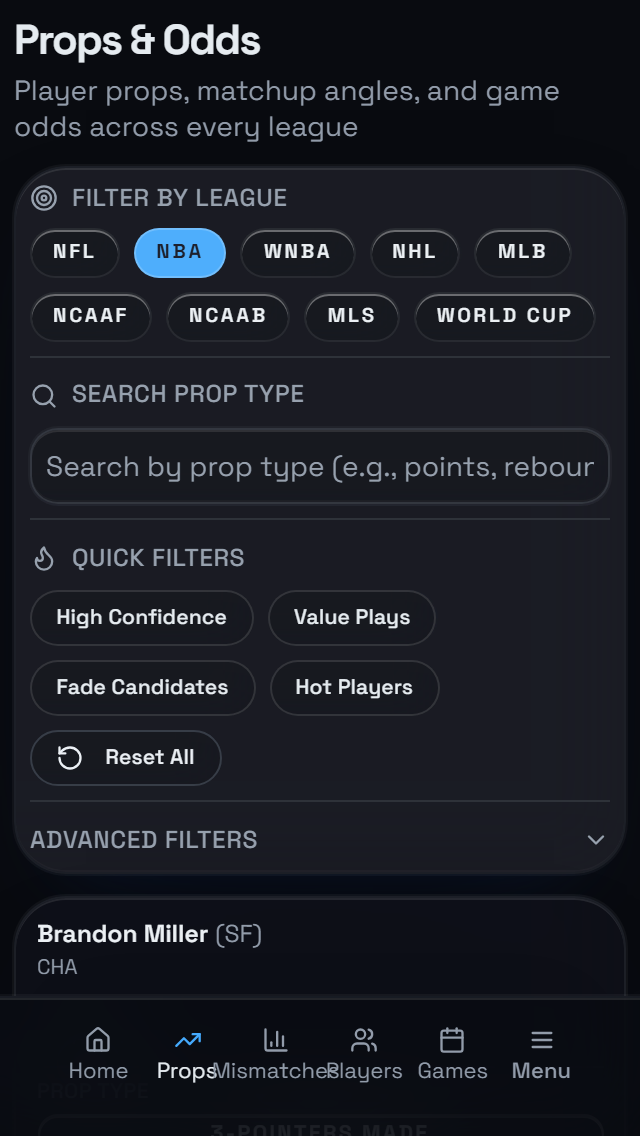 The LAB props and odds mobile screen